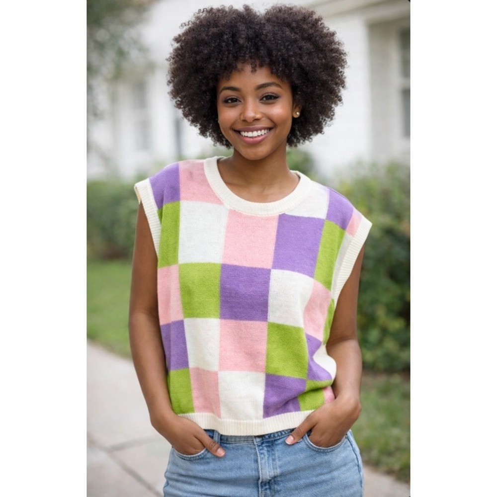 NWT Pastel Colorblock Checkered Sleeveless Sweater Womens Sz M Purple Green Pink